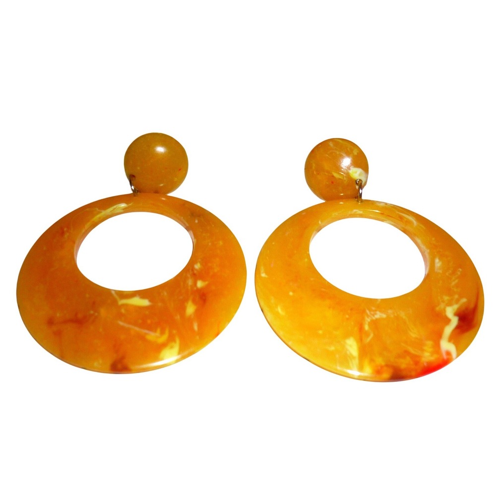 Vintage Mustard Yellow Marbled Lucite Clip On Hoop Earrings Large Retro 70s Mod